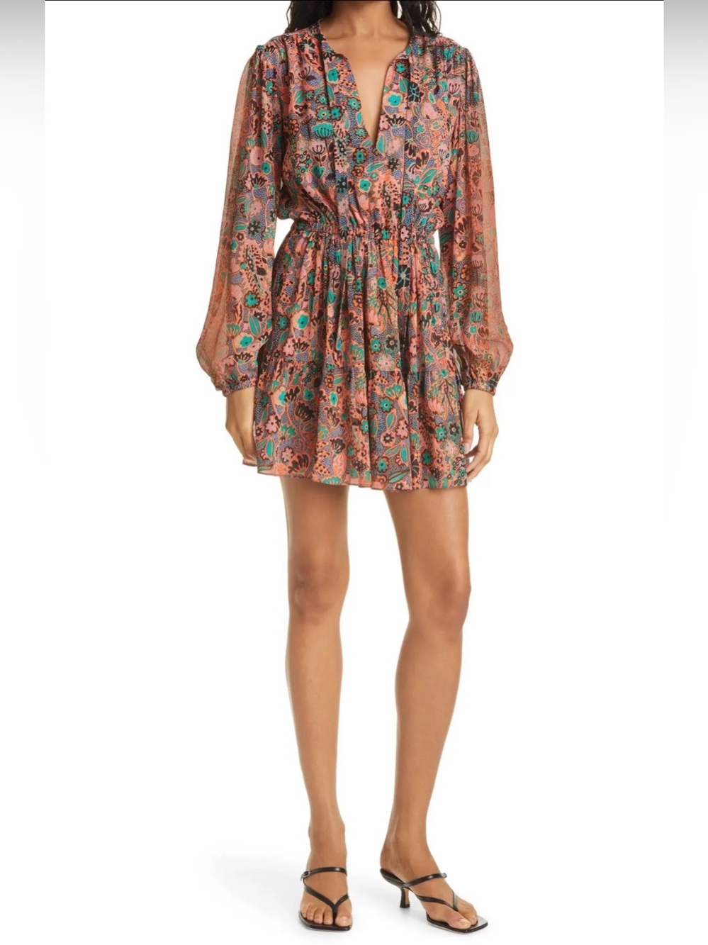 A.L.C. Boho Floral V-Neck Long Sleeve Mini Dress in Rust
